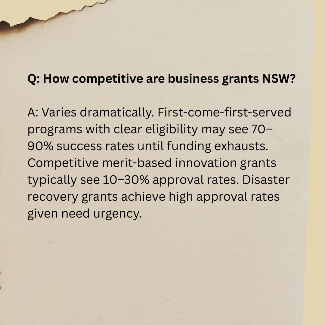 Q3 Q: How competitive are business grants NSW? A: Varies dramatically. First-come-first-served programs with clear eligibility may see 70–90% success rates until funding exhausts. Competitive merit-based innovation grants typically see 10–30% approval rates. Disaster recovery grants achieve high approval rates given need urgency.